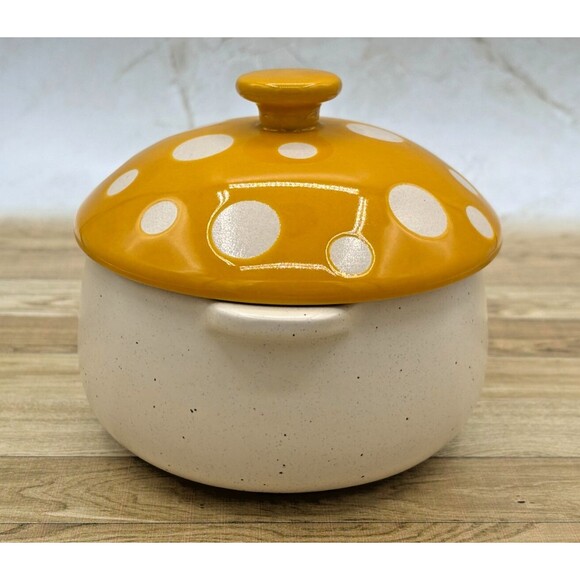 World Market Spotted Mushroom Lidded Soup Crock Gold Yellow Speckled Stoneware - Picture 4 of 14